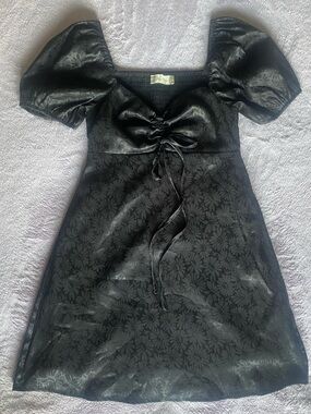 Altar’d State Jocelyn Black Satin Jacquard Puff Sleeve Mini Dress XS Coquette